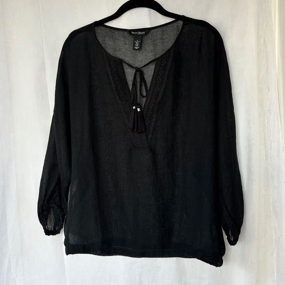 3/$20 💥 WHBM Sheer Black Blouse Embroidered V-Neck w/ Tassels - Picture 10 of 17